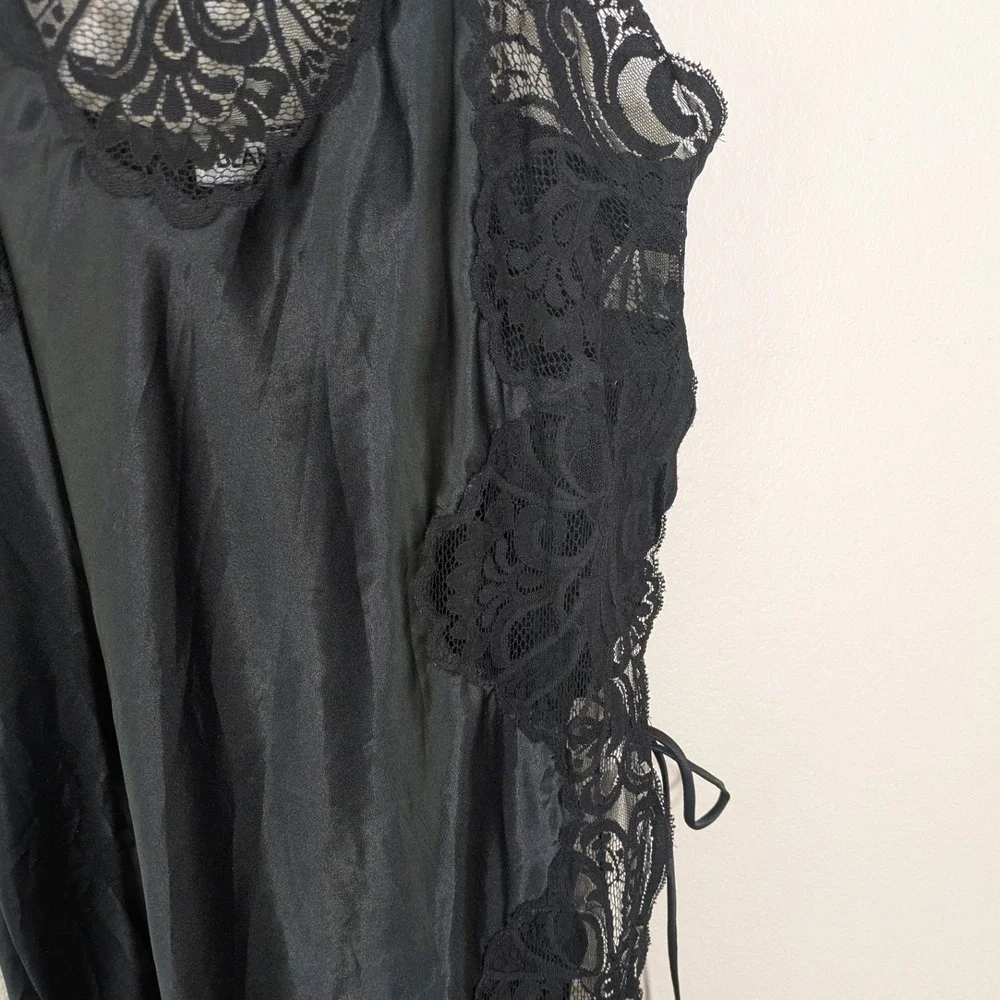 Vintage 80s / 90s Blanche Black Satin Maxi Slip Dress Side Slit Lace and Ties M - Picture 3 of 9